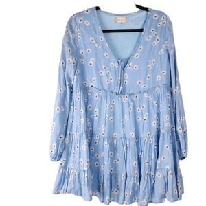 Altard State Babydoll Swing Tunic Dress Top Sz S Blue Daisy Smocked Ruffle Boho